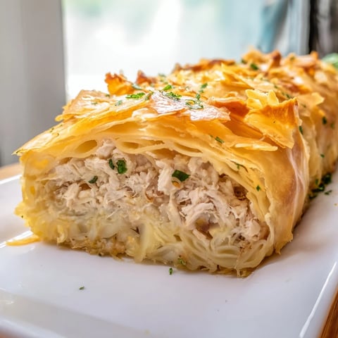 Golden-brown Chicken and Pasta Crinkle Cake, layered with crispy phyllo and cheesy filling.