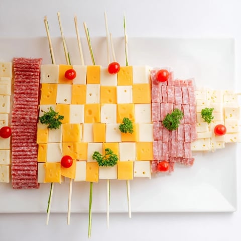 A visually stunning Checkerboard Chalet appetizer with layered cheese, meats and a charming, edible chalet.