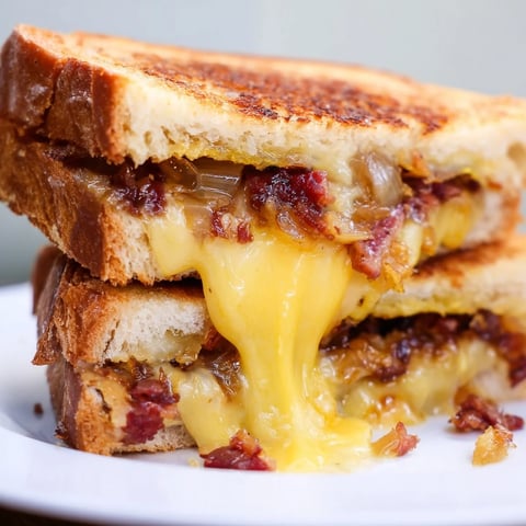 Golden, bubbly Bacon Jam Grilled Cheese melting with rich cheddar and Gruyère inside.