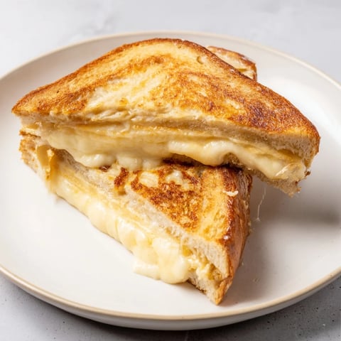 Golden, gooey Custard French Toast Grilled Cheese oozes melted Gruyère cheese, ready to be devoured.