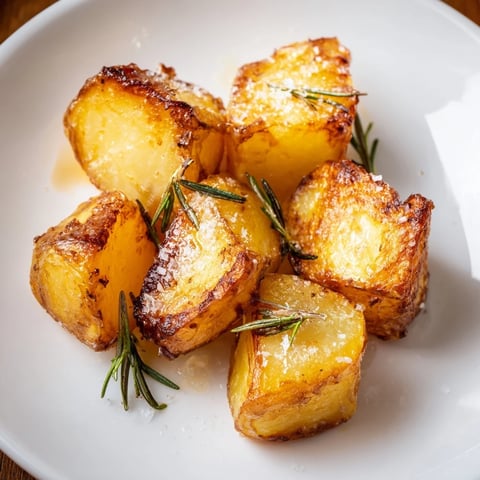 Golden, crispy Beef Tallow Roasted Potatoes, perfectly seasoned and steaming hot, with rosemary sprigs.