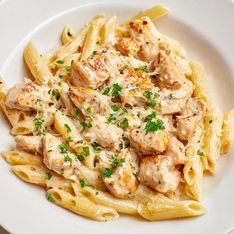 Golden brown, bite-sized chicken pieces in the Quick Garlic Parmesan Chicken Pasta, a creamy, savory delight.