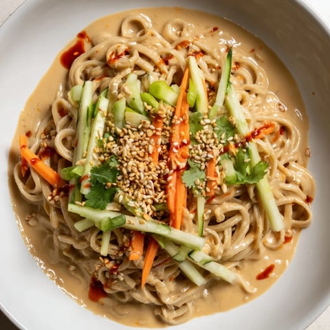 Cold sesame noodles: a vibrant bowl of noodles topped with crisp veggies like carrots and cucumber.