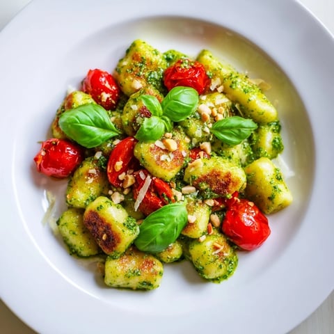 Golden, crispy gnocchi with pesto, cherry tomatoes, and Parmesan promise a delicious Italian meal tonight.