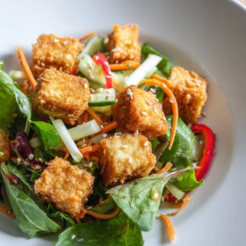 Golden, crispy tofu salad, mixed with colorful veggies and drizzled with ginger-soy dressing.