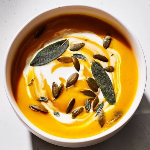 Creamy, golden butternut squash soup, garnished with fresh sage, ready to warm your soul.