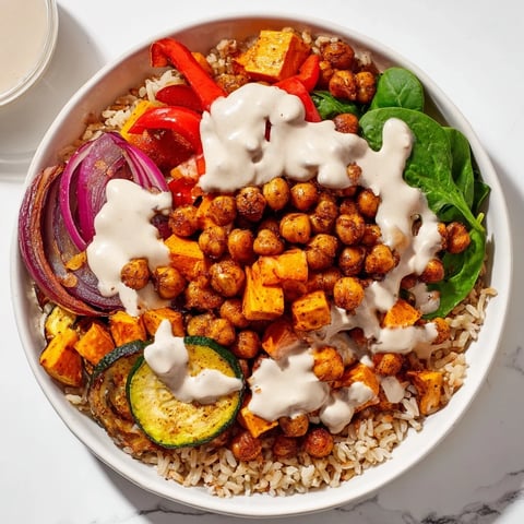 Crispy roasted chickpeas and colorful vegetables star in this Roasted Chickpea Buddha Bowl.