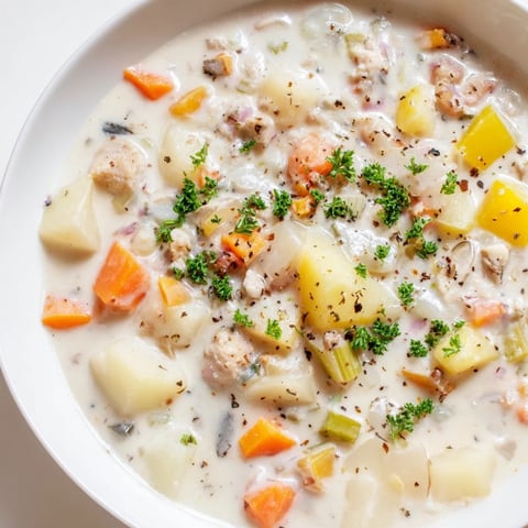 Creamy New England Clam Chowder steaming in a bowl, garnished with fresh parsley and oyster crackers.