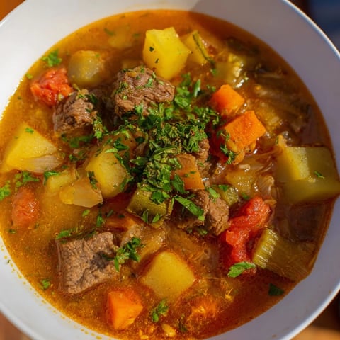 A steaming bowl of Algerian Chorba brimming with tender lamb, carrots, and aromatic herbs.