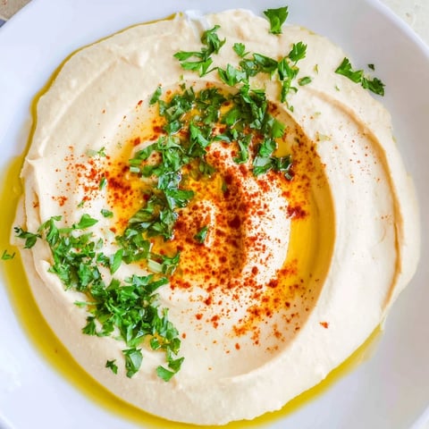 Creamy Levantine hummus plate drizzled with olive oil, ready to be scooped up with warm pita bread.