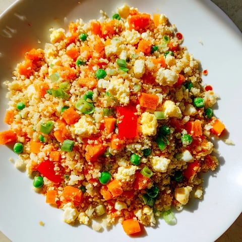 Golden spoonful of Cauliflower Fried Rice, showcasing vibrant carrots and peas, ready to serve and enjoy.