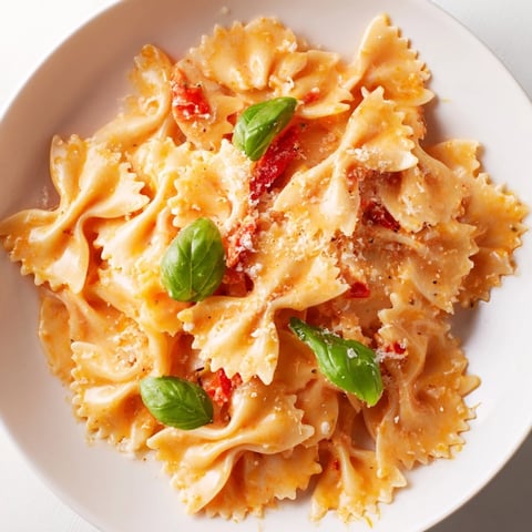 Freshly cooked bowtie pasta tossed in a creamy tomato basil sauce, garnished with Parmesan and fresh basil leaves.  