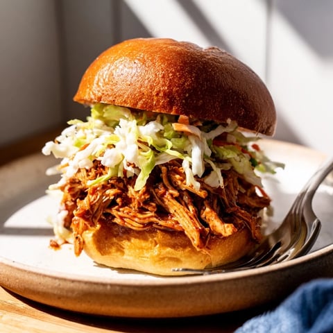 Golden-brown pulled barbecue chicken piled high on a toasted brioche bun, topped with a vibrant, creamy cabbage slaw.