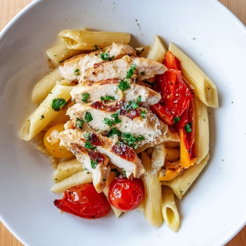 Garlic Herb Chicken & Veg Pasta features roasted chicken, colorful bell peppers, and zucchini tossed with penne in a light, aromatic sauce.