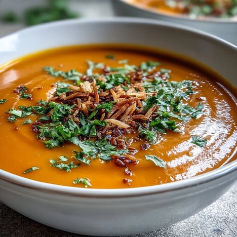Vibrantly orange Carrot and Coconut Soup, creamy and comforting, ready to serve.