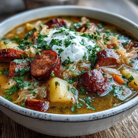 Hearty Sauerkraut Soup with savory smoked meat and fresh parsley garnish.