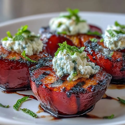 Grilled plums with goat cheese and balsamic glaze topped with fresh mint on a platter.