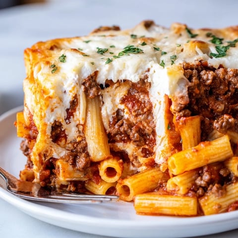 Baked Ziti with Meat Sauce topped with melty cheese, perfect for cozy family dinners.  