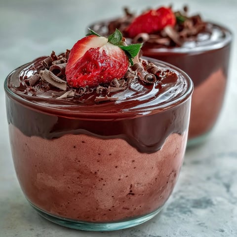 A glass of layered chocolate-covered strawberry mousse topped with fresh berries and shaved chocolate.