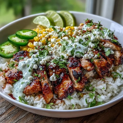 Bright citrus-marinated chicken thighs and smoky charred corn top fluffy rice in a Street Corn Chicken and Rice Bowl, garnished with cotija and cilantro.