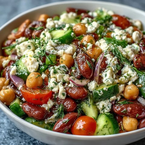 Freshly marinated Greek Bean Salad with lemon dressing, creamy feta, and bright cherry tomatoes on a rustic wooden table.