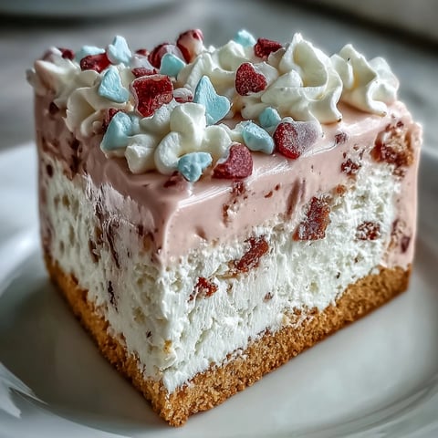 Tall slice of Candy Hearts Fake Cake with pink whipped frosting and a crunchy candy heart border.