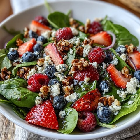 Fresh spinach and mixed berries tossed with creamy goat cheese and crunchy walnuts in a vibrant salad bowl.  