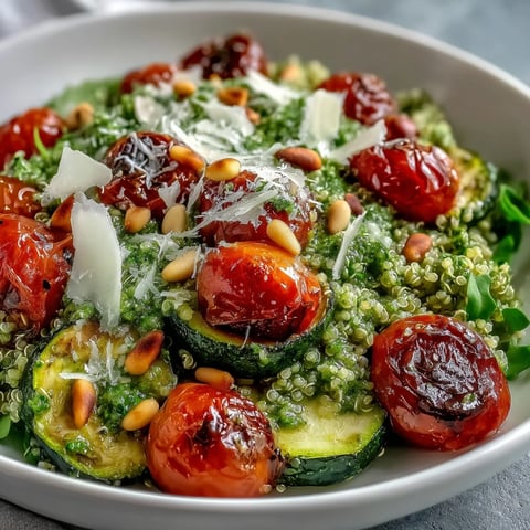 A vibrant Arugula Pesto Bowl with quinoa, roasted vegetables, and shaved Parmesan garnish. 
