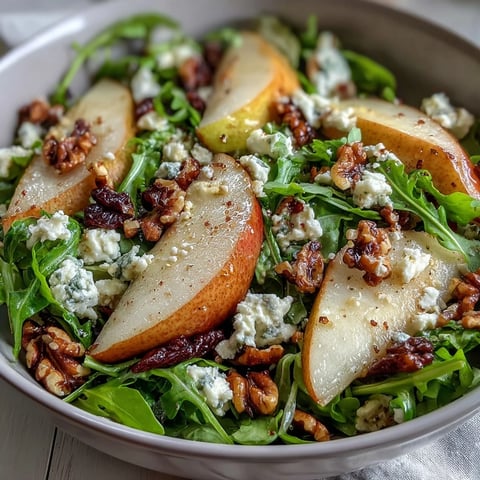 Fresh arugula and sliced pears topped with creamy blue cheese and toasted walnuts, drizzled with balsamic dressing in a white bowl.