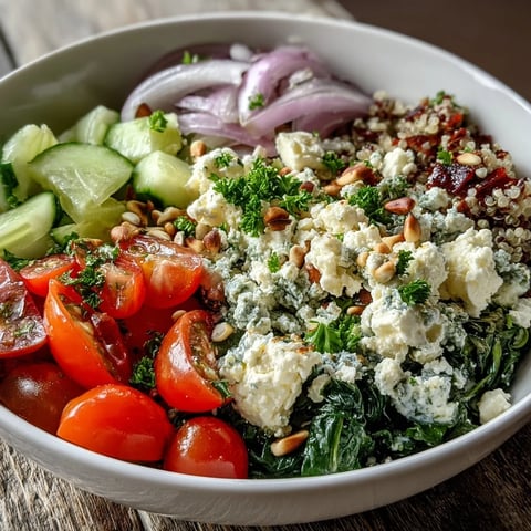 Bright, plated Spinach and Feta Grain Bowl topped with sautéed greens, cherry tomatoes, cucumber, and creamy feta, ready to enjoy.