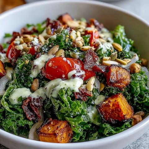 Freshly roasted vegetables and massaged kale in a vibrant Kale Salad Bowl topped with crunchy nuts and creamy tahini dressing.