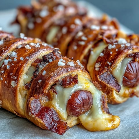 Golden-brown Soft Baked Cheesy Pretzel Dogs with coarse salt on a tray, ready for dipping in mustard.
