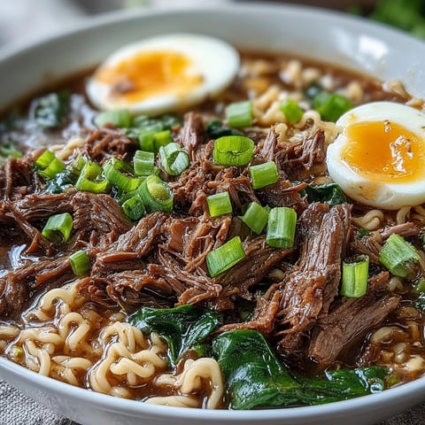 Slow Cooker Beef Ramen Noodles in a rustic bowl with tender shredded beef and vibrant green onions.