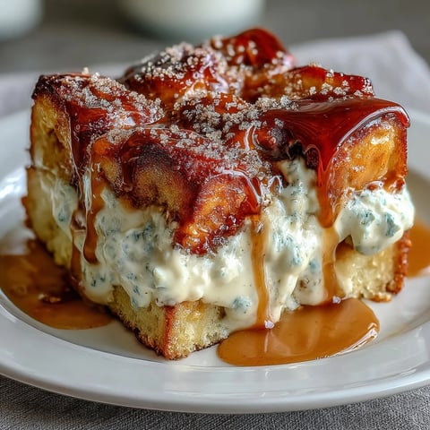 Warm slices of Caramel Cream Cheese French Toast Casserole topped with fresh berries and extra caramel.