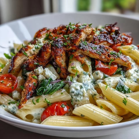 Golden-brown Roasted Garlic & Feta Chicken Pasta tossed with spinach and cherry tomatoes on a white plate.
