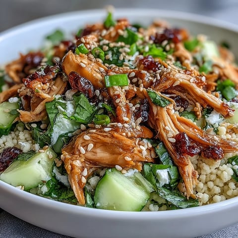 Asian Sesame Chicken Couscous Salad served chilled with fresh cucumbers, scallions, and cilantro.
