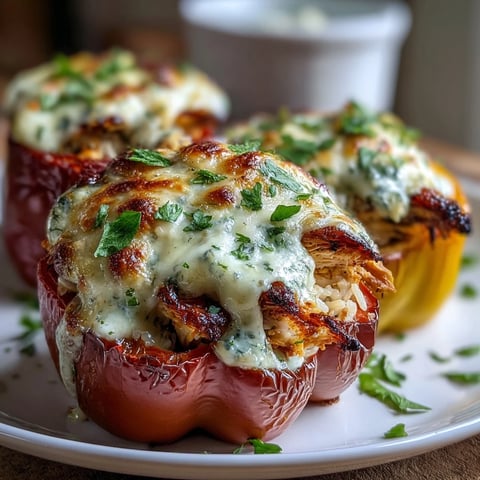 Golden-baked Garlic Parmesan Chicken Stuffed Peppers, bubbling with creamy cheese and herbs.