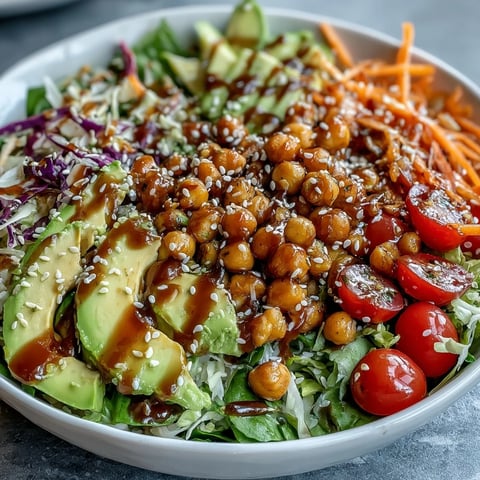 Rainbow Veggie Buddha Bowl with Sesame Ginger Dressing is arranged with quinoa, avocado, and chickpeas in a vibrant, nourishing presentation.