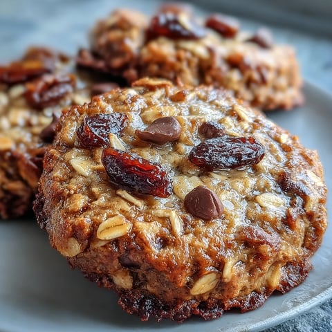 Freshly baked Vegan Banana Oat Breakfast Cookies with cinnamon, raisins, and chocolate chips on a cooling rack.