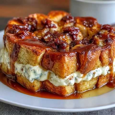 Decadent caramel cream cheese French toast casserole with golden brioche, creamy layers, and rich caramel drizzle, perfect for brunch gatherings.