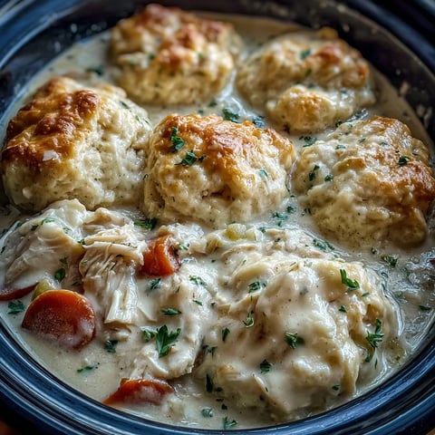 Creamy Slow Cooker Ranch Chicken & Dumplings with tender chicken, vegetables, and fluffy drop biscuits in a rich, comforting stew.  