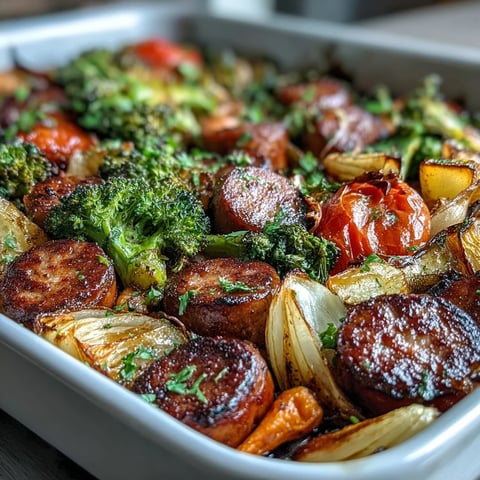 Colorful sheet pan dinner with roasted sausage and rainbow vegetables, perfect for a quick weeknight meal.  