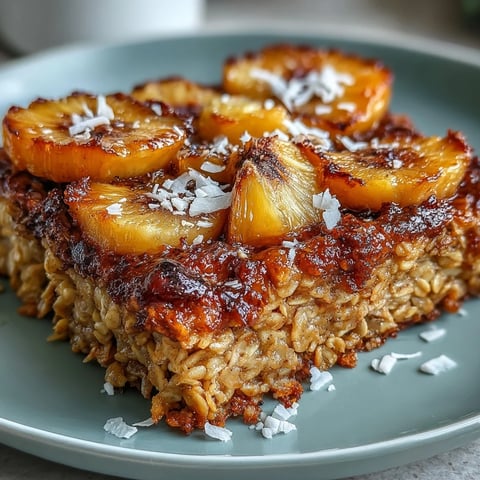 A golden vegan oatmeal bake filled with juicy pineapple chunks, banana slices, and coconut flakes for a tropical breakfast treat.