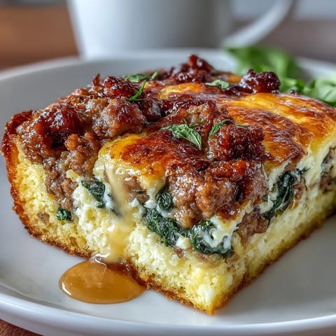 Keto sausage, egg, and spinach breakfast bake with golden cheesy top and savory sausage crumbles.