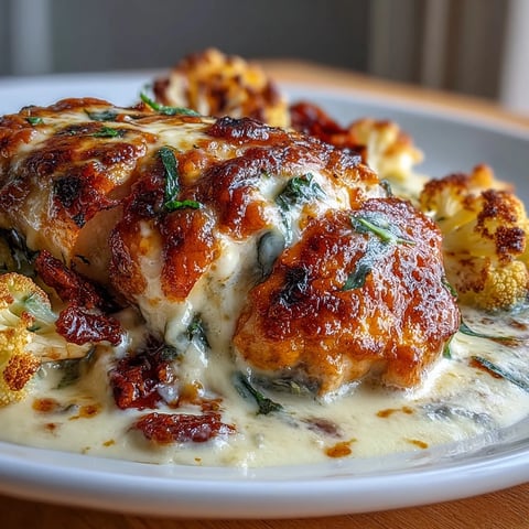 Creamy poblano chicken with roasted cauliflower, a keto-friendly dish with tender chicken in rich sauce and golden roasted veggies.  