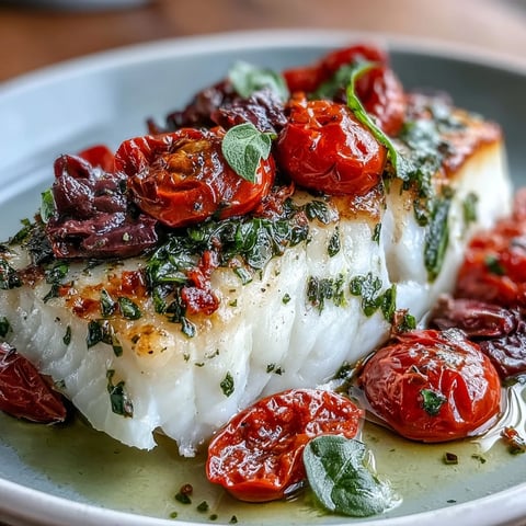 A vibrant baked cod dish with juicy tomatoes, briny olives, and fresh herbs, served in a rustic Mediterranean style.  