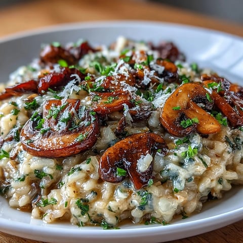 Creamy wild mushroom risotto with truffle oil, featuring Arborio rice, sautéed wild mushrooms, and a fragrant truffle oil drizzle for an elegant vegetarian main dish.  