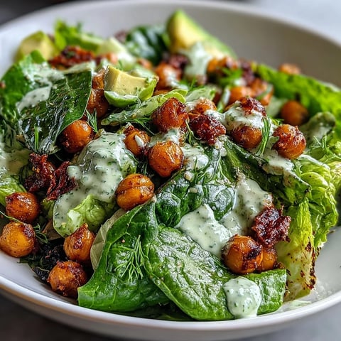 Vibrant Pistachio Green Goddess Salad with crispy chickpeas, creamy avocado, and herb-packed dressing on a bed of fresh greens.  