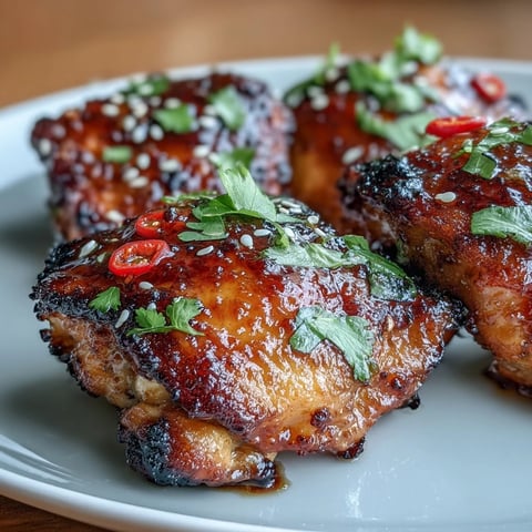 Golden chili jam glazed chicken thighs with sticky-sweet heat, garnished with sliced chili and sesame seeds for a vibrant weeknight dinner.