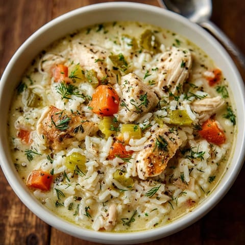 A steaming bowl of One-Pot Pickle Ranch Chicken & Rice Soup, topped with fresh dill and pickles.
